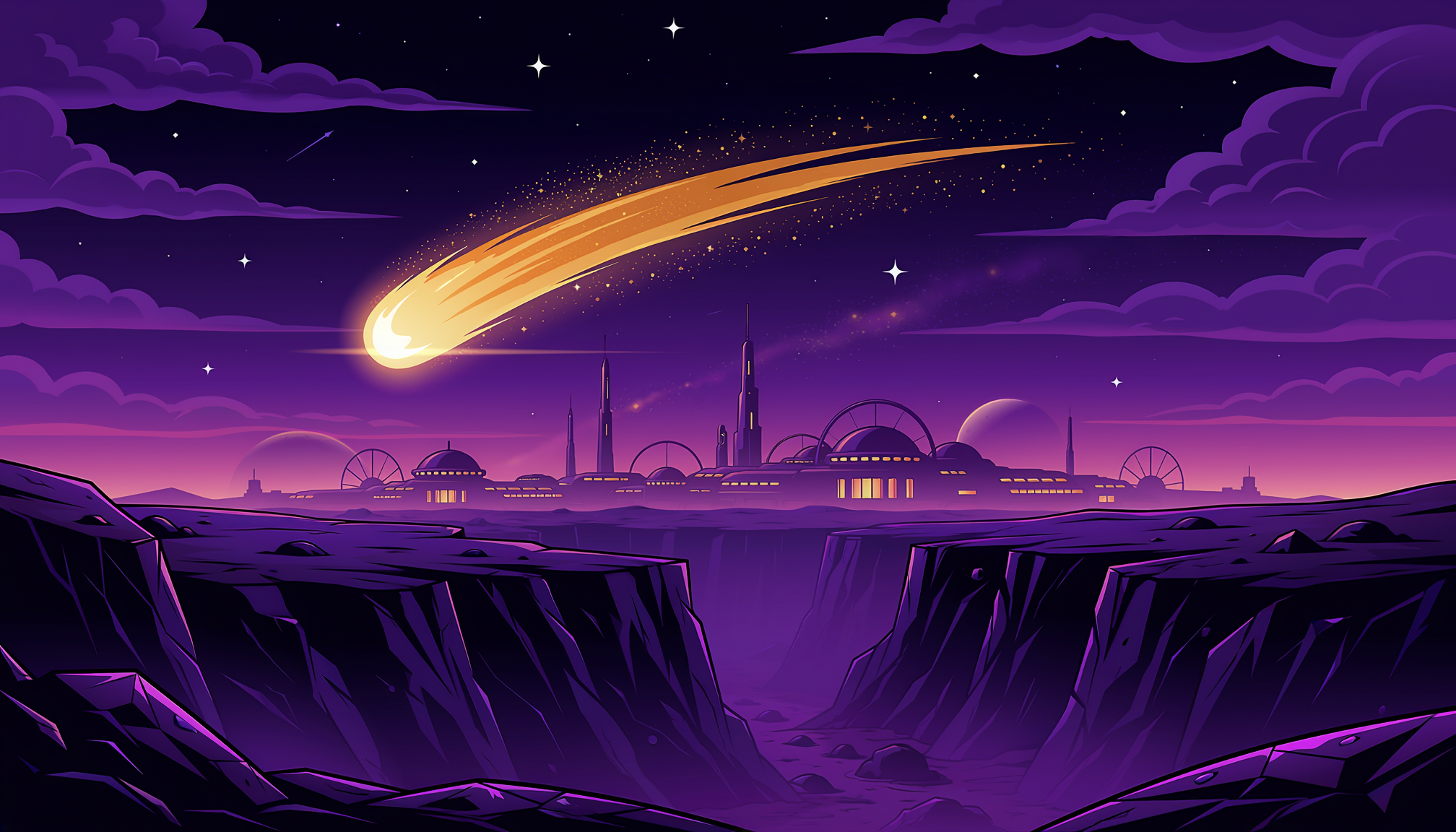 Purple moon-base skyline beneath a sweeping golden meteor